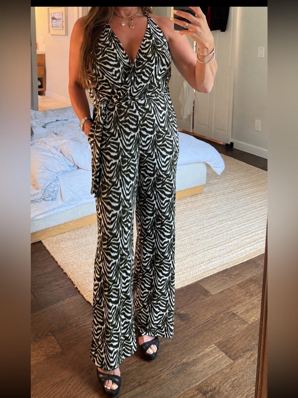 Veronica M Halter Wide Leg Jumpsuit Small Zebra Animal Print Black Olive